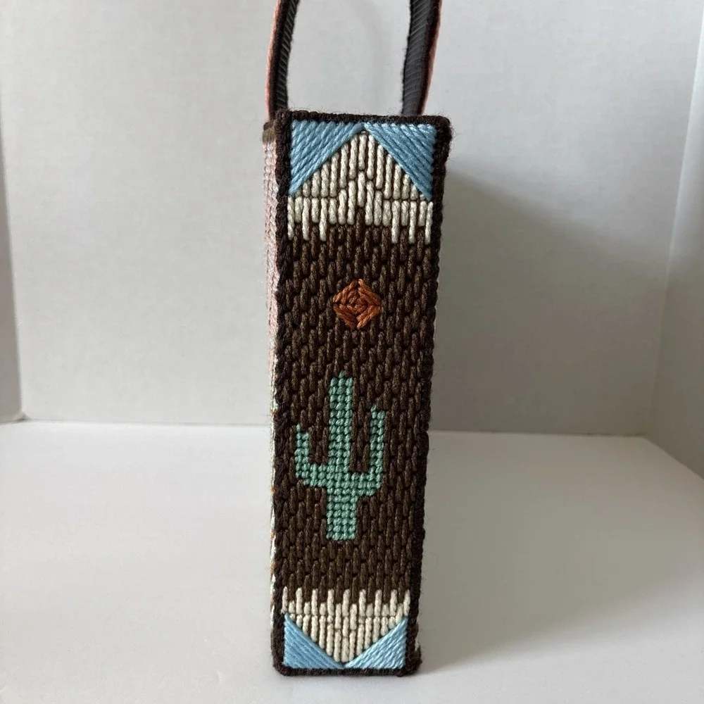 Vintage Handmade Needlepoint Cross Stitch Box Aztec Desert Cactus Purse